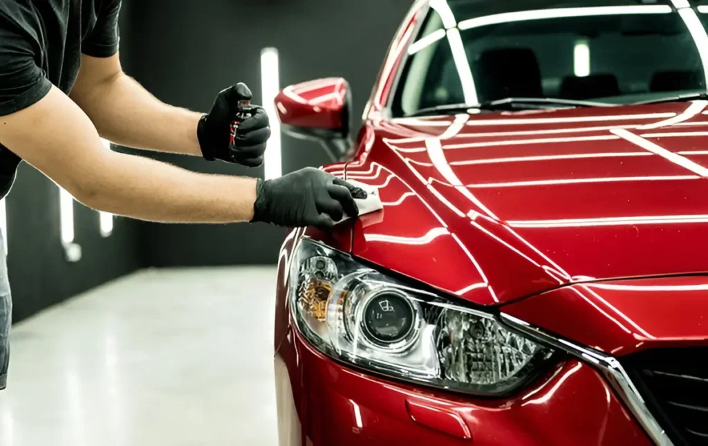 Detailer applying ceramic coating to red car under strong studio lights.